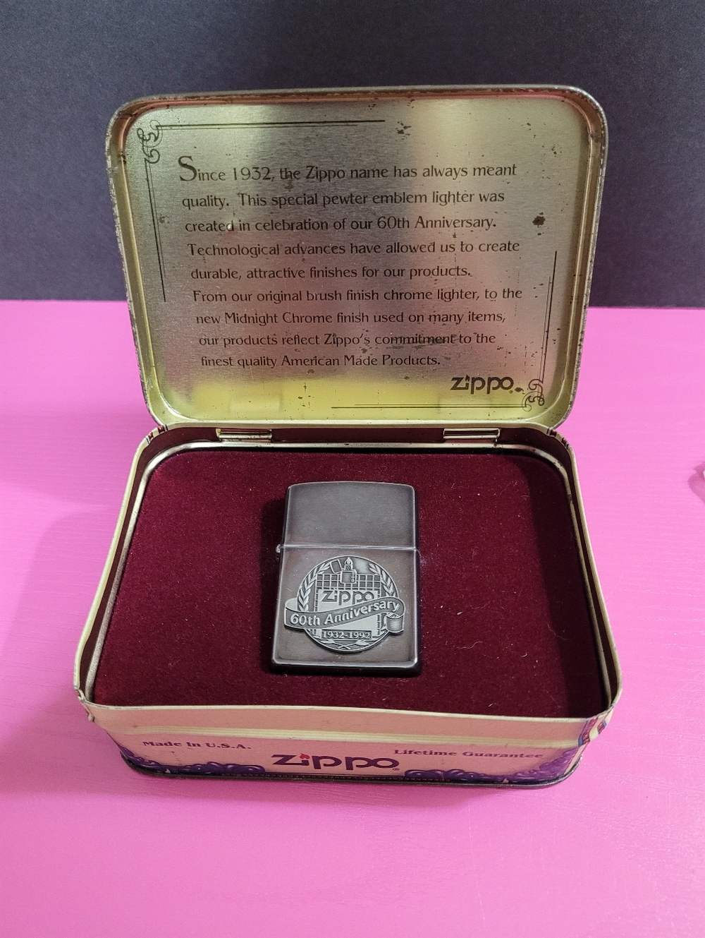 Vintage Zippo 60th Anniversary Pewter Emblem Lighter  Never Used In Tin (0942)